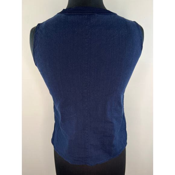 VINCE Navy Blue Linen Blend Ribbed Crew Neck Sleeveless Top Tank XS X-Small - Picture 3 of 7
